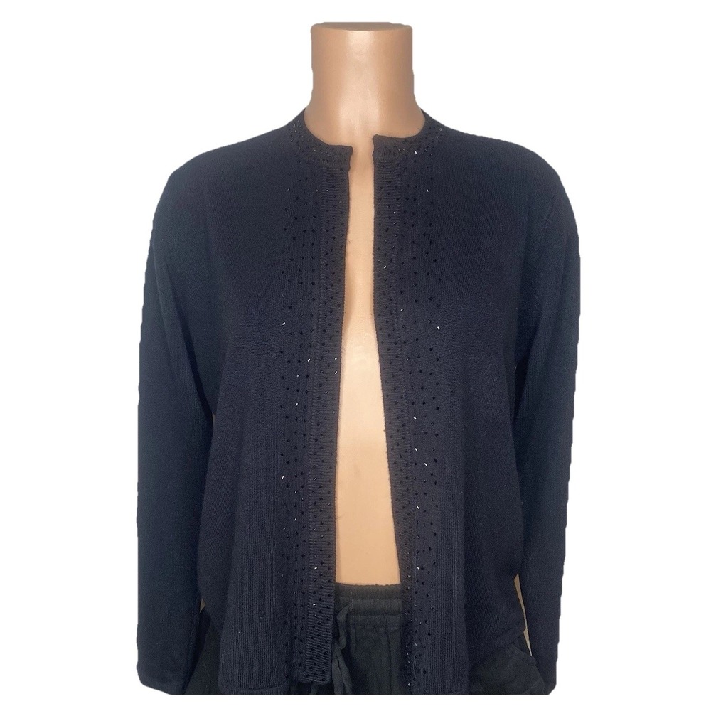 Hampshire Studio Black Dressy Ribbed Sweater Cardigan‎ Sequins Sz large
